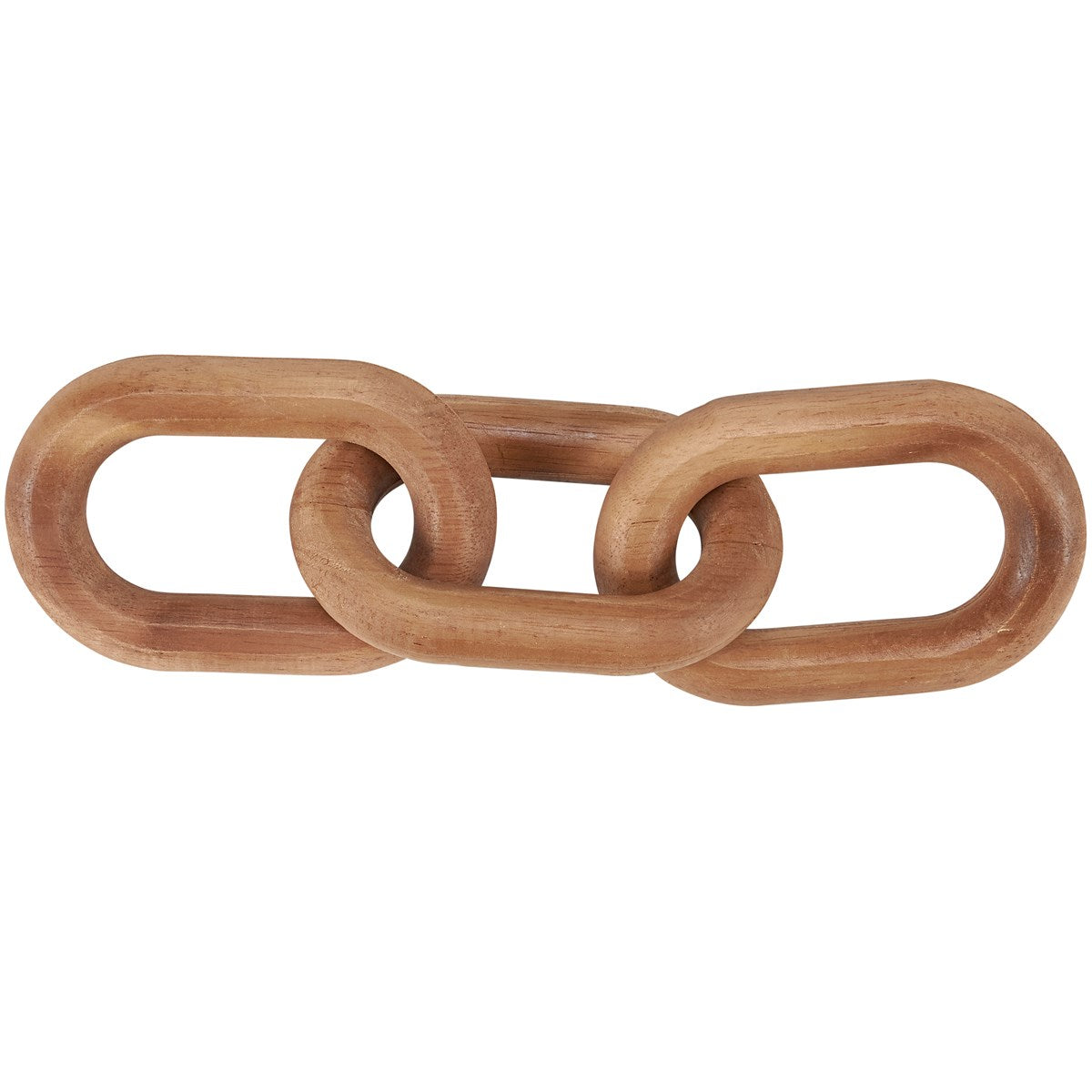 Wood chain decorative featuring three natural wood links attached to from a short chain.