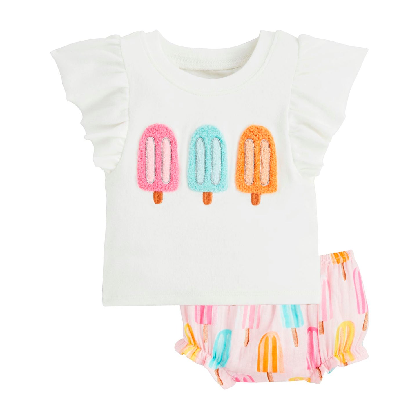 The Popsicle Pinafore Set features a white baby t-shirt with flutter sleeves and ice pop appliqués, paired with light pink cotton bloomers with matching prints. Available sizes: 0-3M, 3-6M, 6-12M, 12-18M.