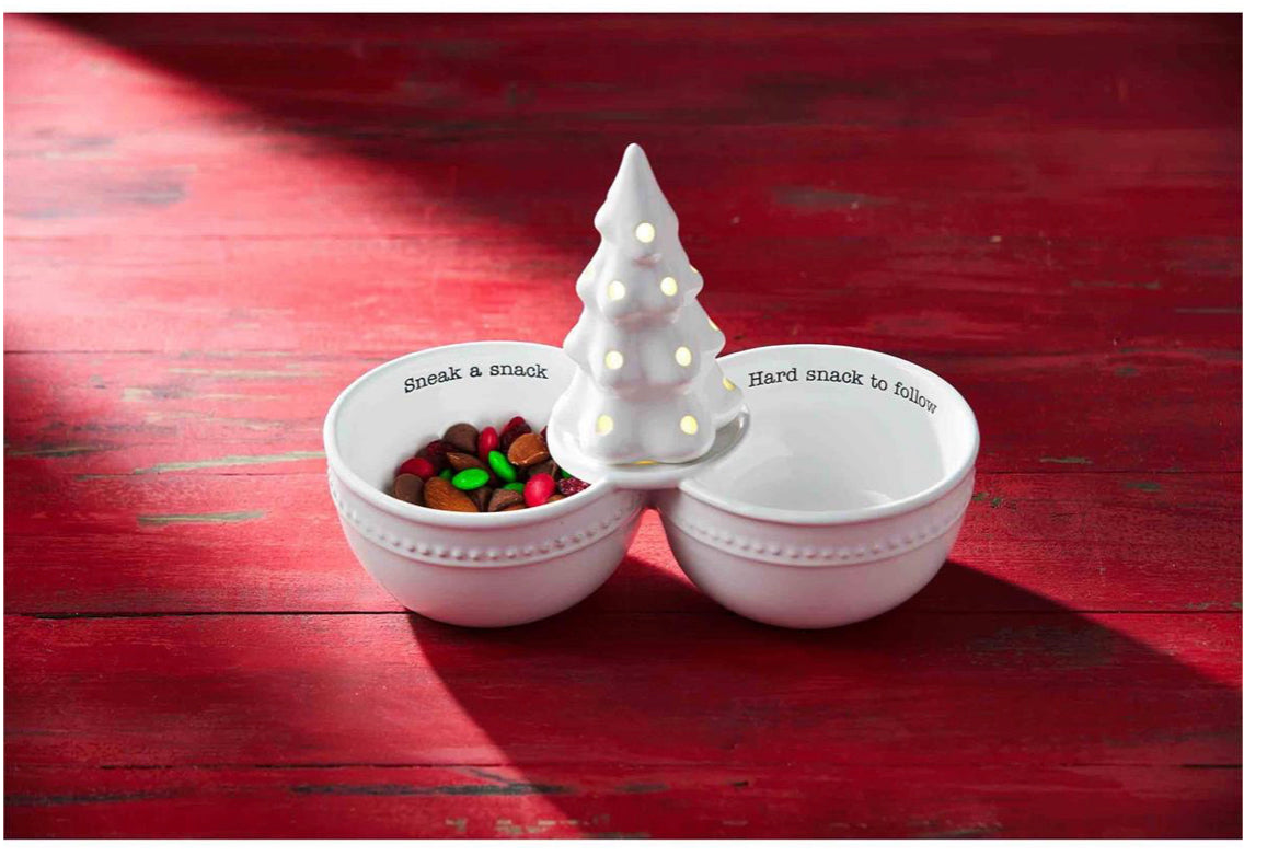 Two white bowls joined by a painted ceramic tree; "Sneak a snack" and "Hard snack to follow" text. Sizes: 7", 9".
