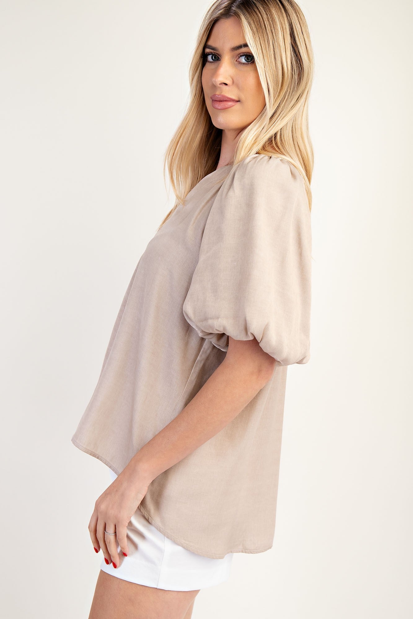 Cathleen V-Neck Balloon Sleeve Top in taupe, available in sizes XS-XL. Features v-neck and balloon sleeves.