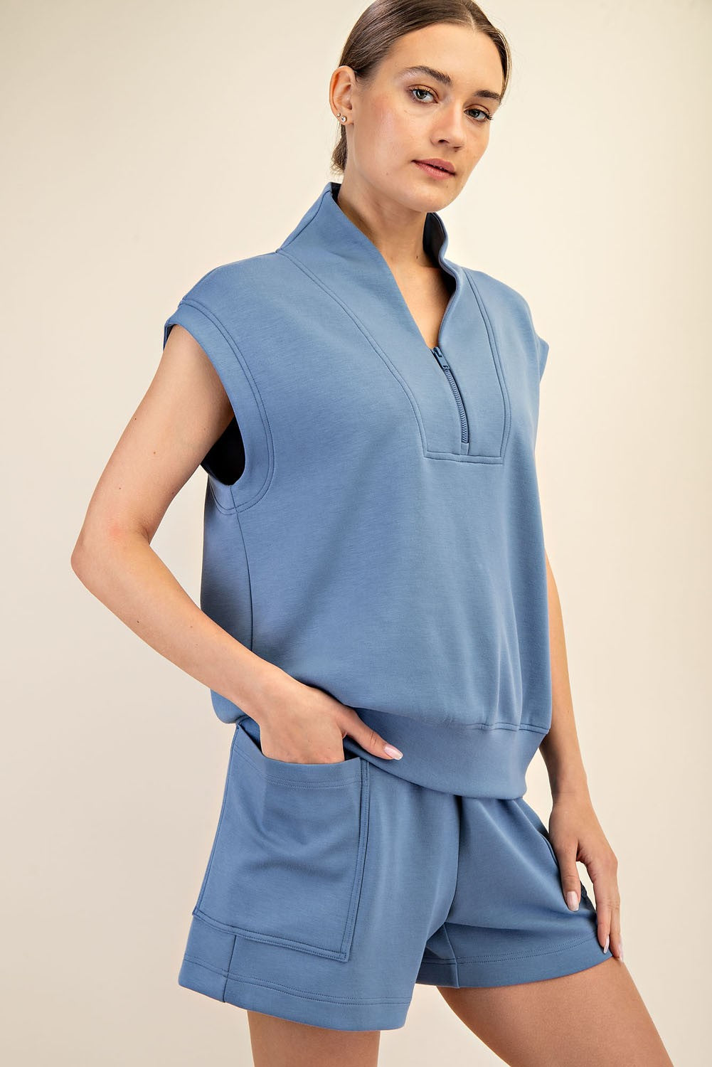 Paradise Blue Luxe V-Neck Sleeveless Top and matching shorts. Sizes: XS, S, M, L, XL.