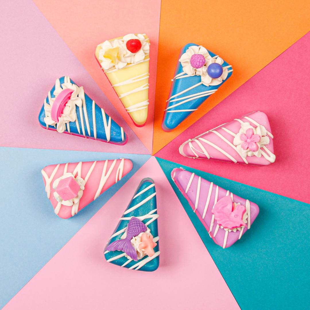 Six pie-shaped soaps with icing, sprinkles, and fondant flowers. Available in 2oz or 4oz sizes.