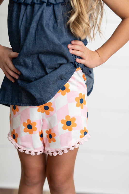 Girls Dark Jean & Retro Flower Check Wave Short Set: blue ruffled jean top, retro floral shorts with pom-pom trim. Sizes 2T-10.