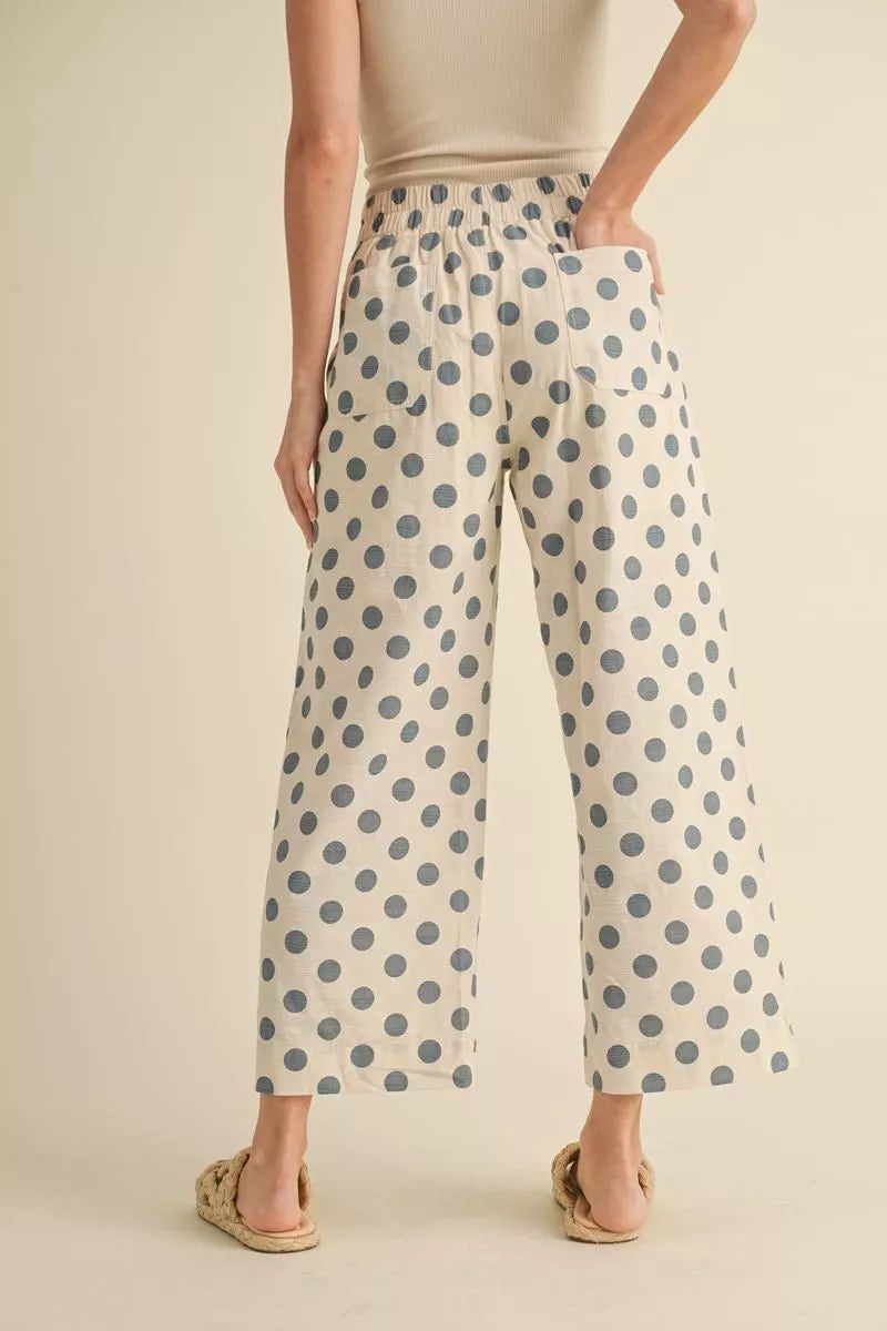 Polka Dot Print Wide Leg Pants in 2 colors, plus sizes, elastic waist, side pockets, cotton-rayon-linen blend.