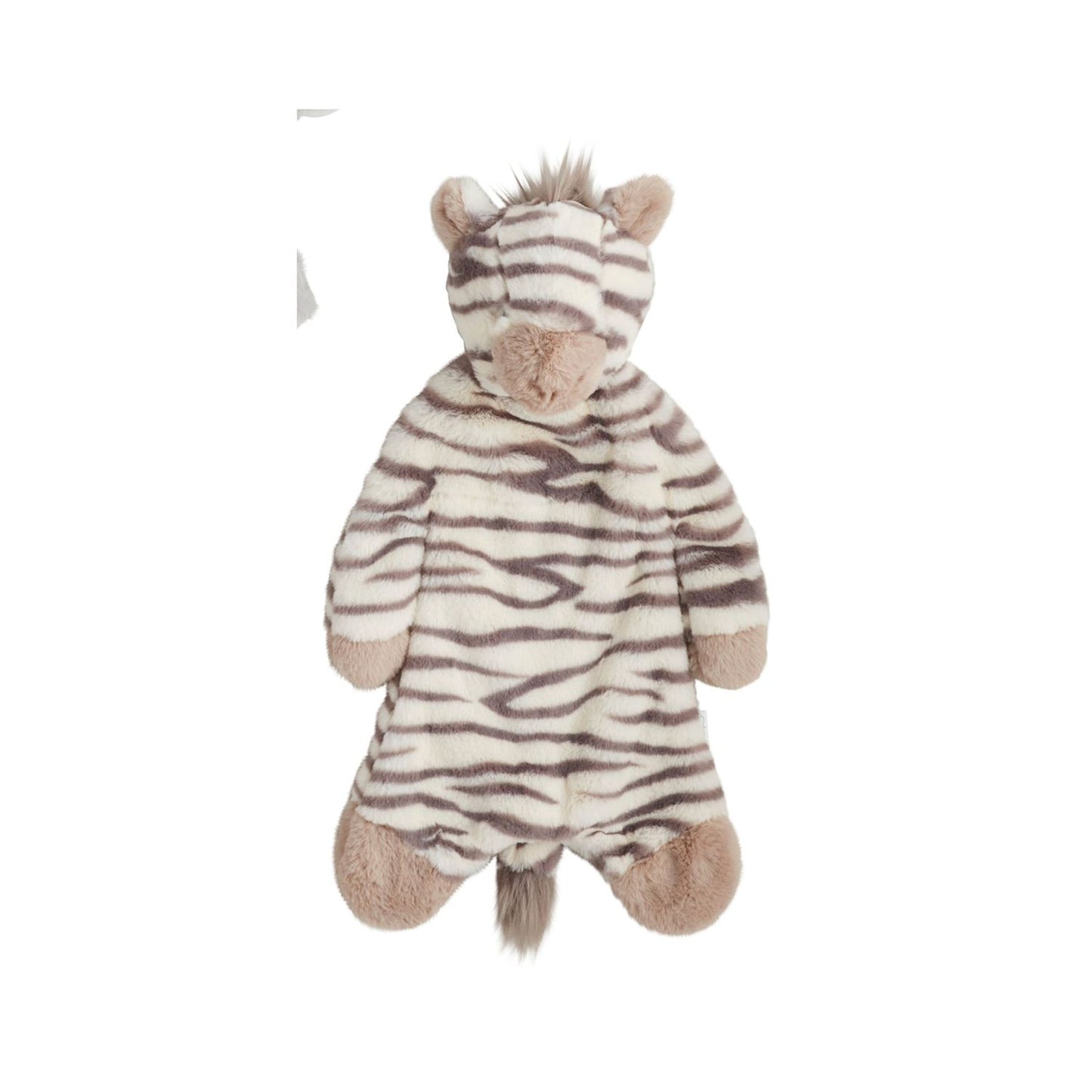Soft zebra plush toy with black and white stripes, tan hooves, faux fur mane. Available sizes: small, medium, large.