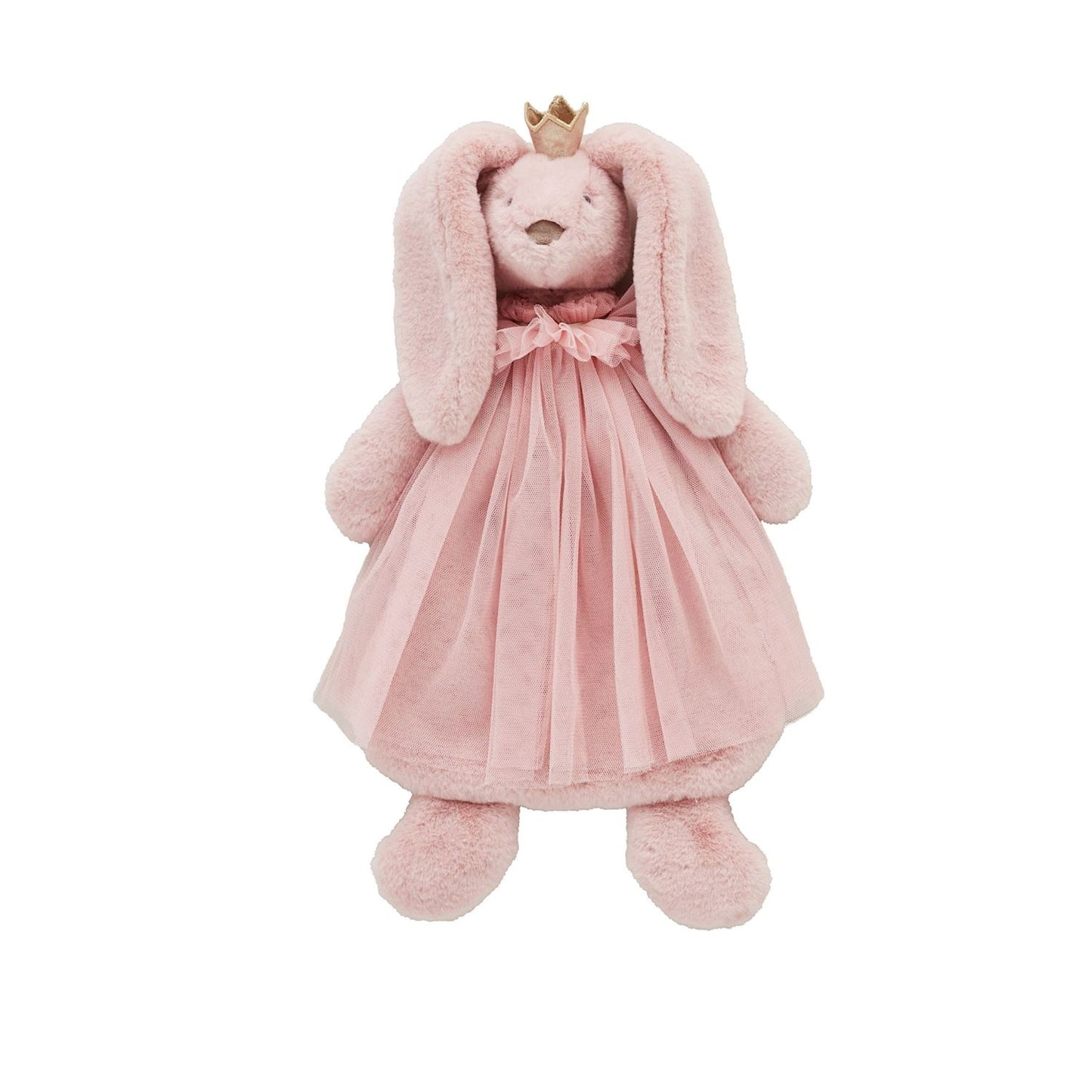 Princess Plush Woobie: A plush bunny in a pastel pink dress with a frilly collar and gold crown. Features long floppy ears and faux fur softness. Sizes available: Small, Medium, Large.
