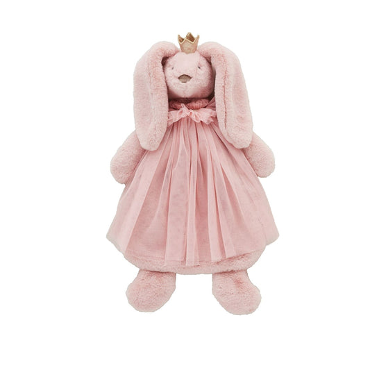 Princess Plush Woobie: A plush bunny in a pastel pink dress with a frilly collar and gold crown. Features long floppy ears and faux fur softness. Sizes available: Small, Medium, Large.