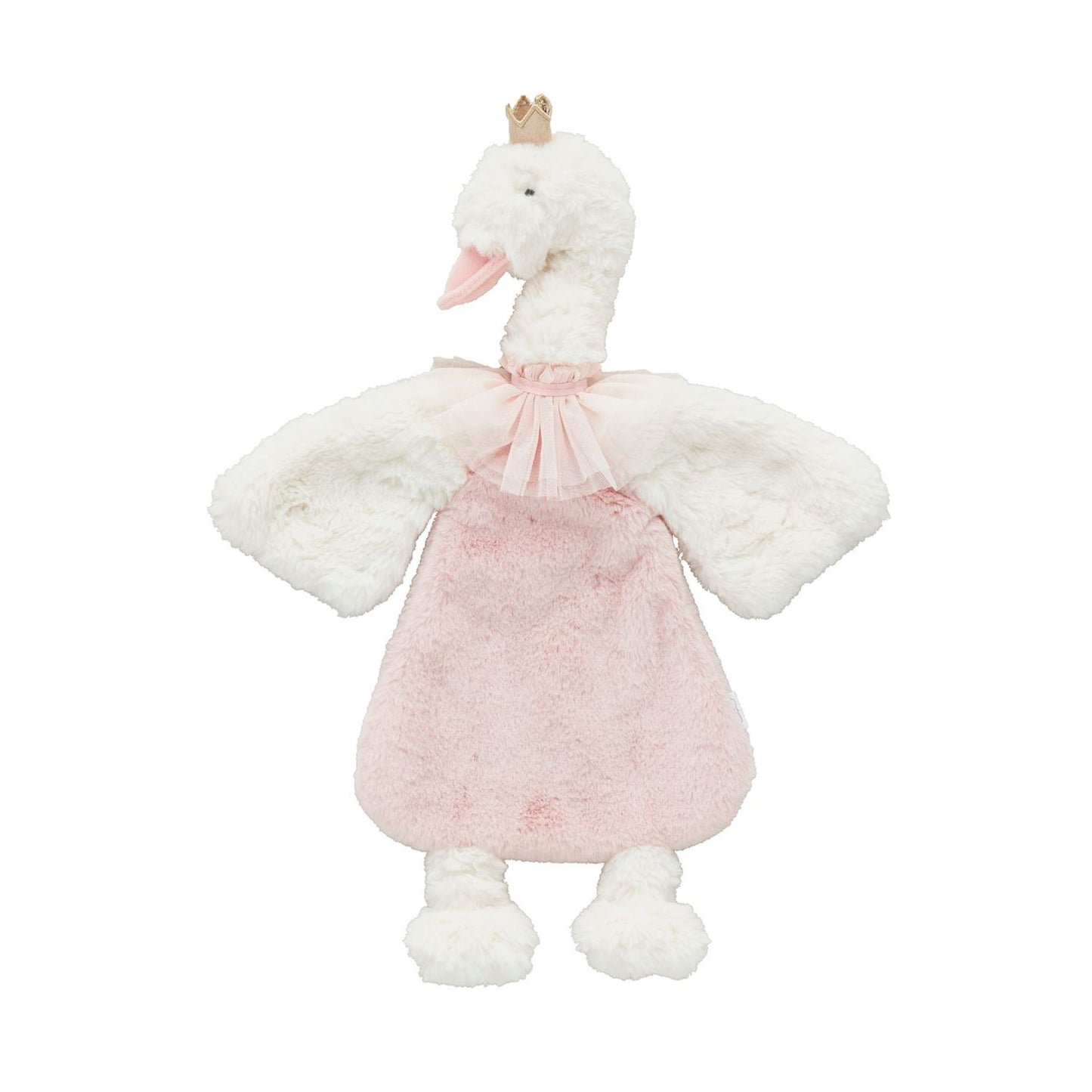 Princess Plush Woobies: Swan with crown, fluffy white faux fur wings, pink beak, light pink body, tulle collar. Sizes: Small, Medium.