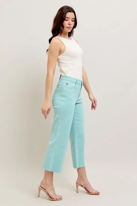 Judy Blue HW Garment Dyed Light Sky Blue Crop Wide Jeans: Light sky blue, high-waisted, garment-dyed, wide-leg crop jeans. Sizes: 0-24.