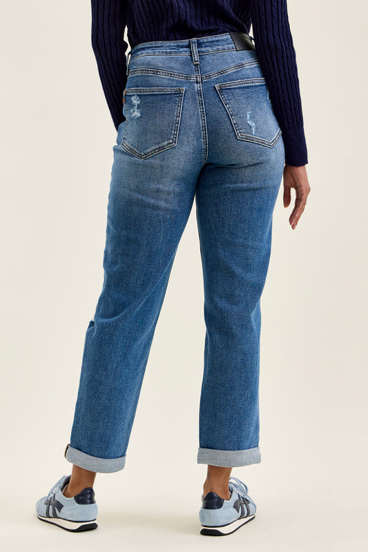 Billie HW R.M. Boyfriend Classic Stone Blue Jeans in medium stone blue, rigid magic denim. Available in sizes 24–32.