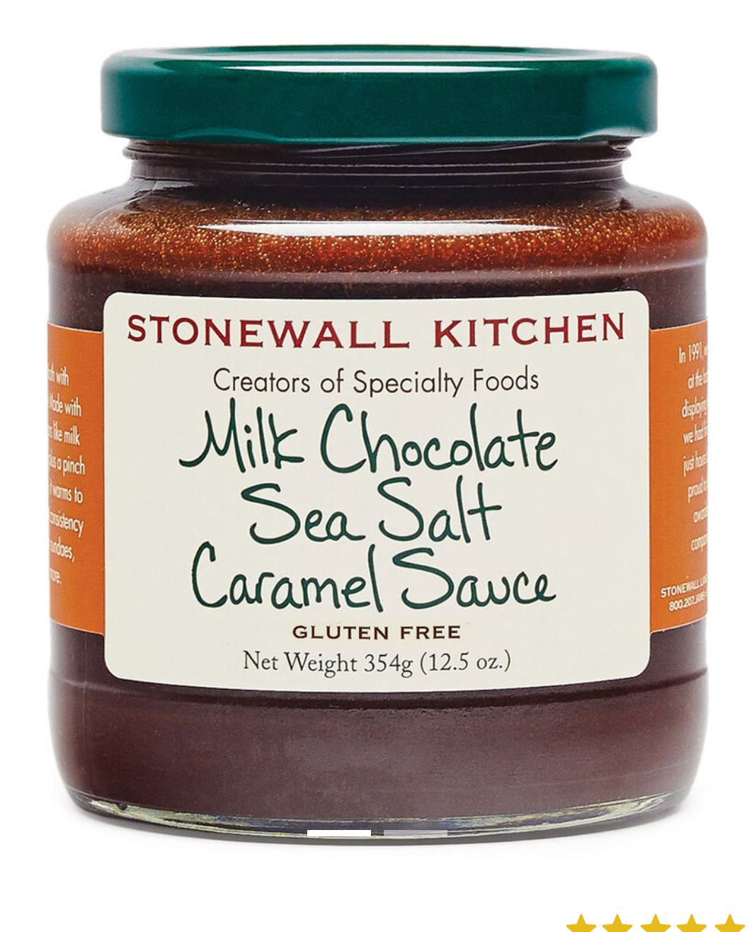 Stonewall Kitchen Sauce jar with green lid, cream label, gluten-free mark; sizes vary. Indulgent sauce or topping.