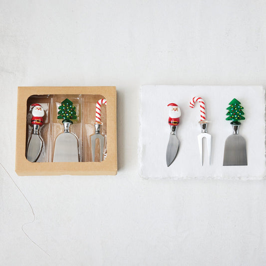 Cheese Knives with Hand-blown Glass Holiday Icon Handle, Boxed
