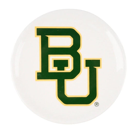 White circular Baylor Trinket Tray with green and gold "BU" logo at center. Available size: one standard dish.