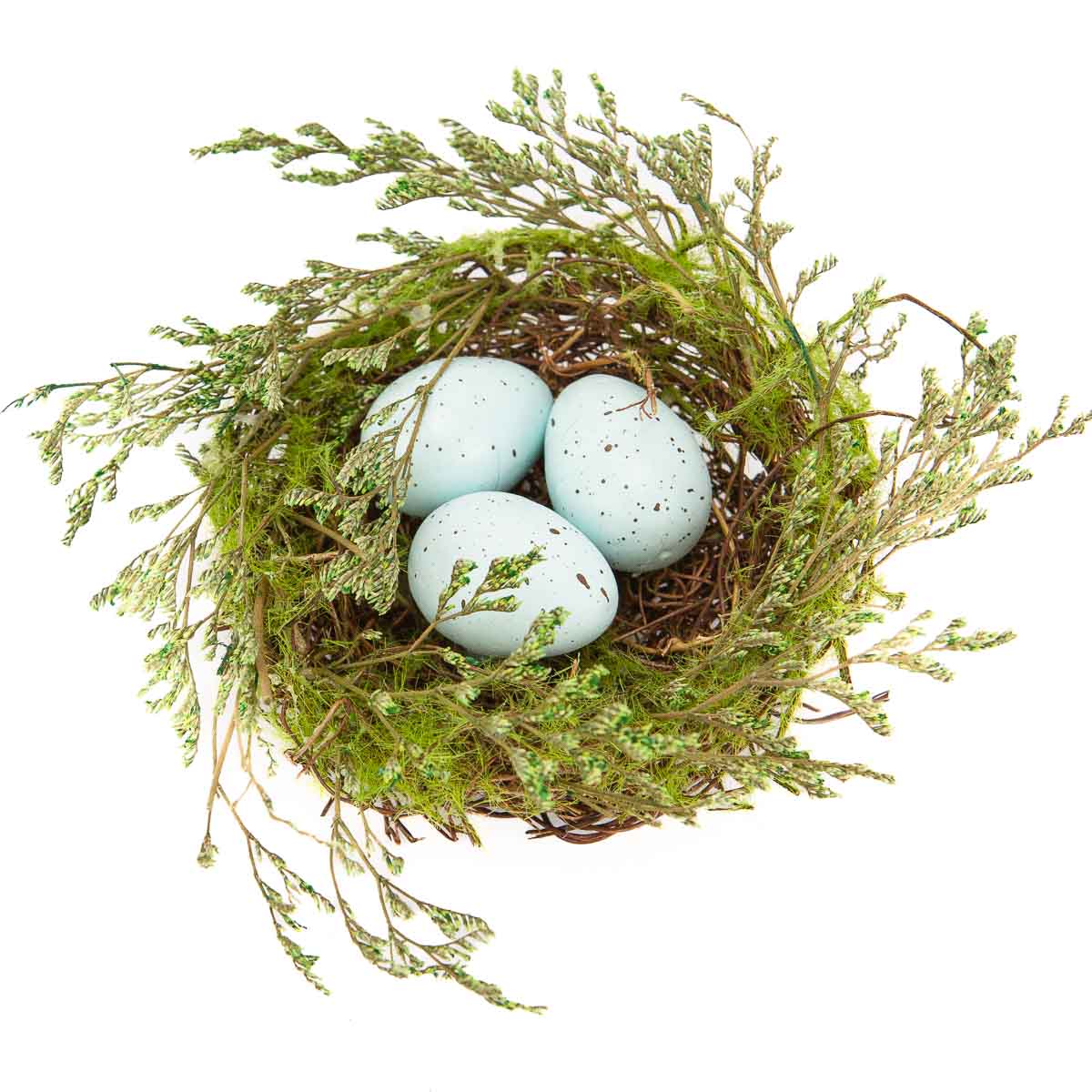 Delicate nest of twigs, grass, and greenery with three light blue speckled eggs. Available in small, medium, and large sizes.