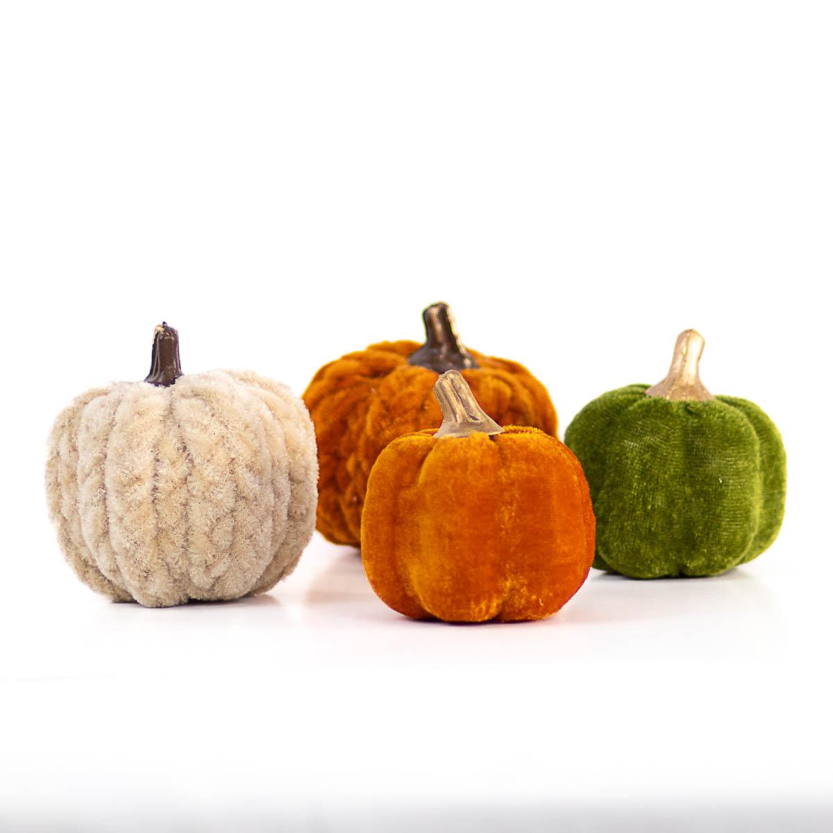 **Flocked Palmer & Scottie Pumpkins:**
- Three small, textured pumpkins
- Colors: Cream, orange, and green
- Short, dark brown stems
- Perfect for home decor or fall gifts
**Sizes Available:**
Small