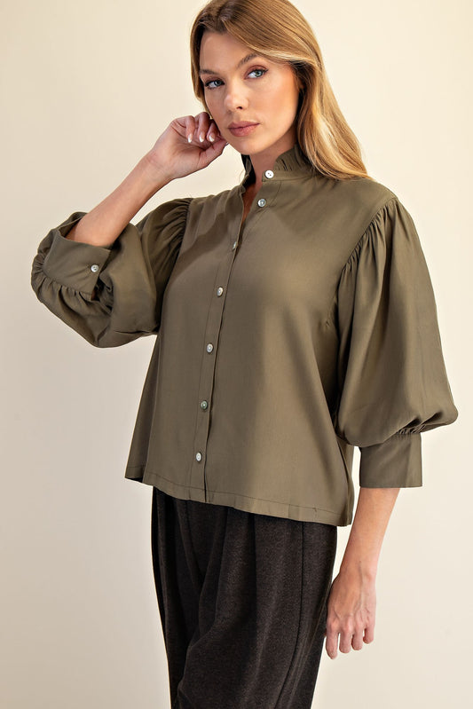 Olive Ruffle Neck Puff Sleeve Blouse