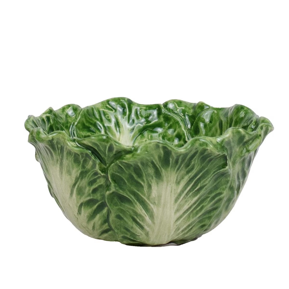 The Cabbage Bowl is a ceramic serving dish designed to resemble green lettuce leaves with detailed craftsmanship and a glossy finish. Available sizes: Small, Medium, Large.