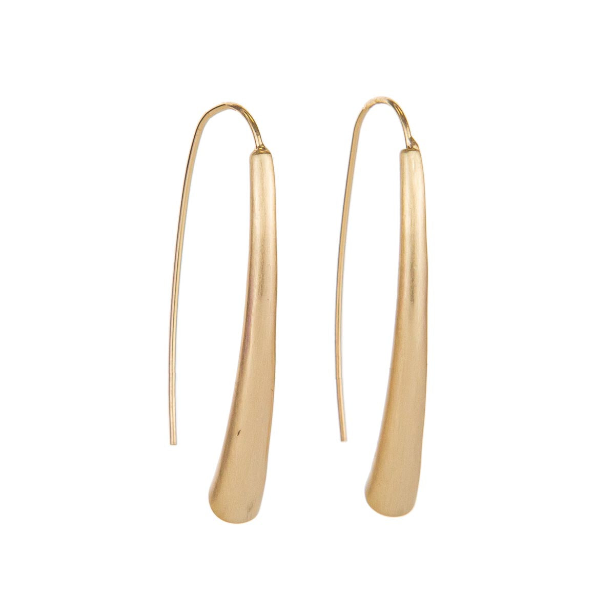 Minimalist gold Rockland Earrings with long, curved bars and thin wire hooks. Available in small, medium, and large sizes.