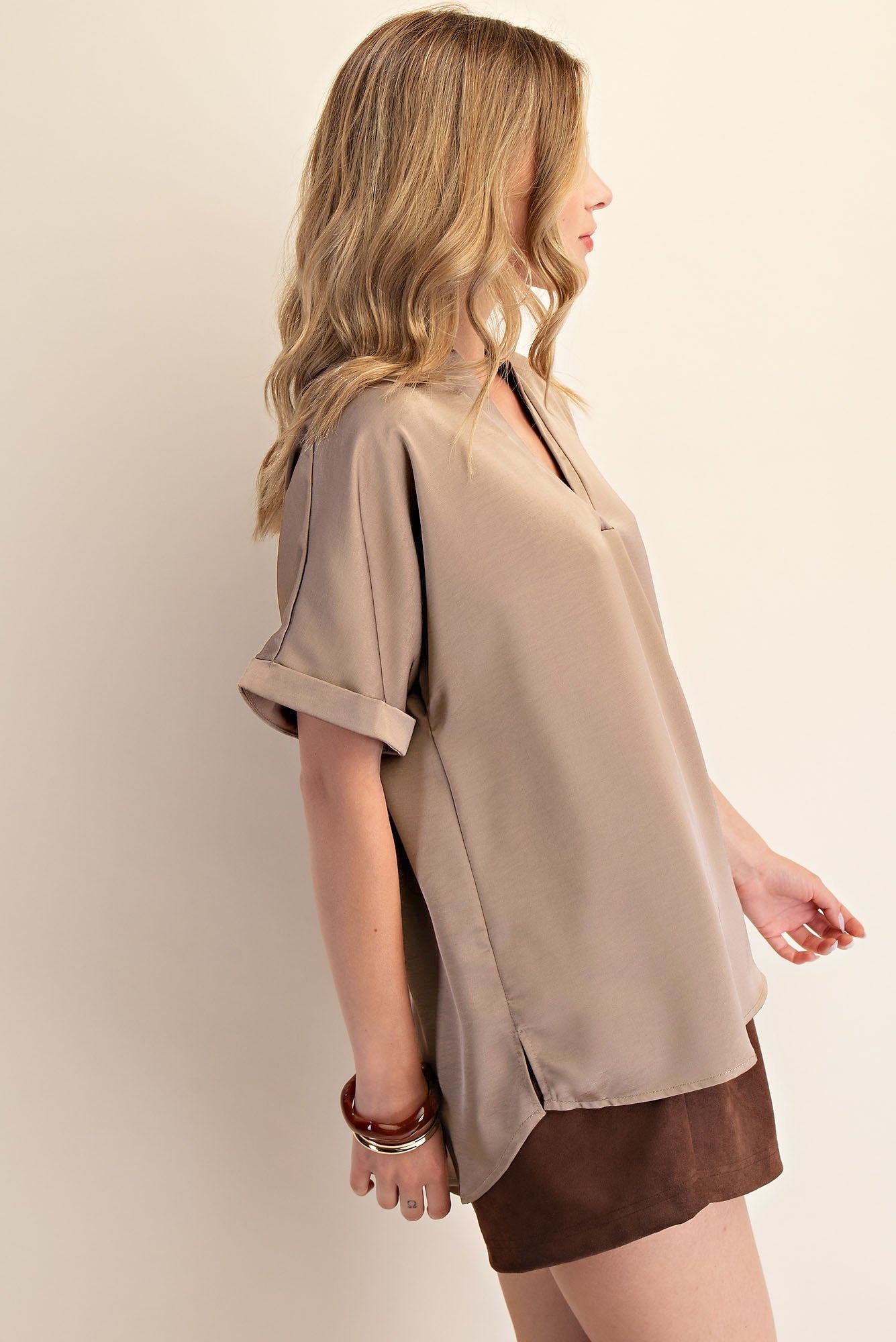 Mocha V-Neck Placket Cuffs Sleeve Top, versatile design; available in sizes XS-XL.