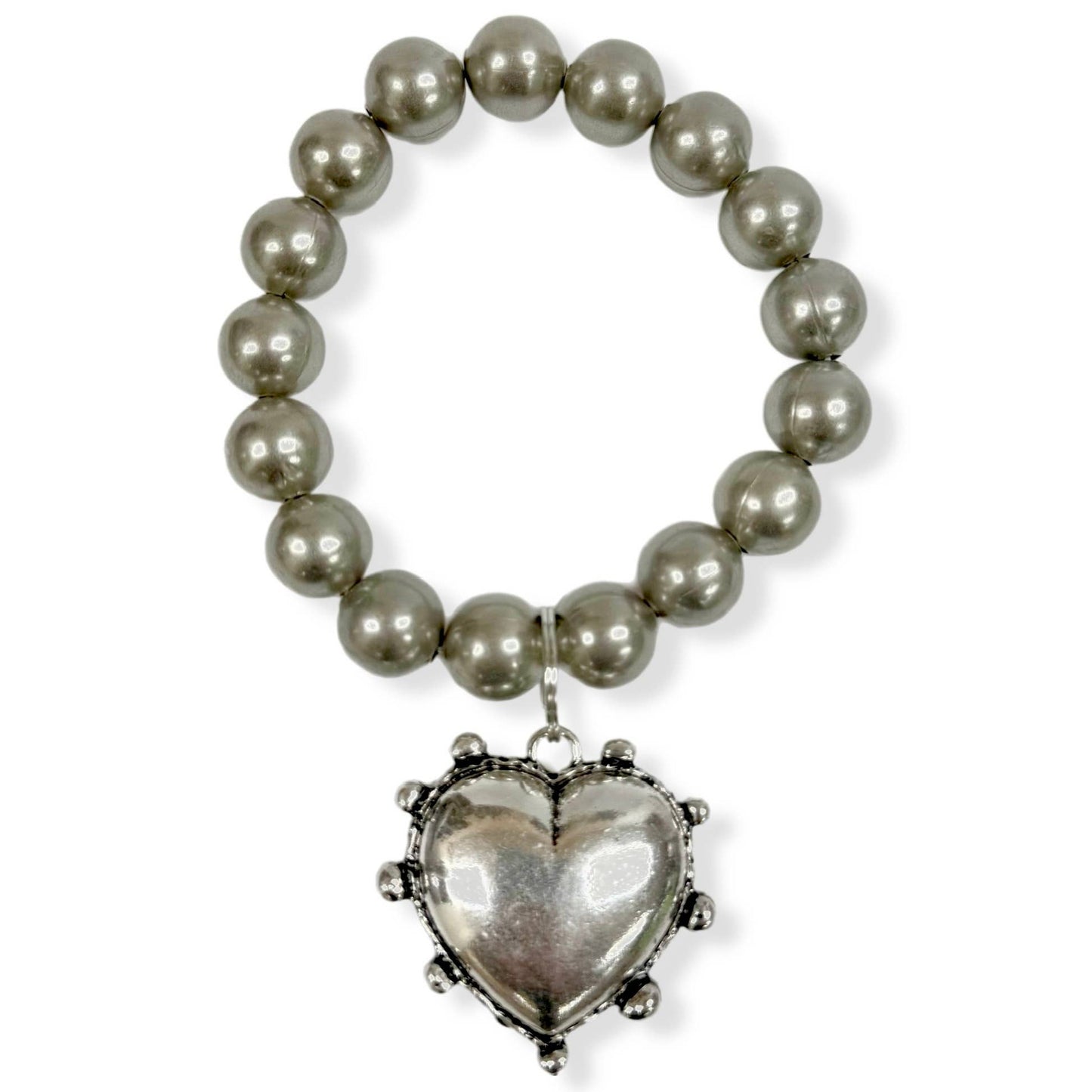 Silver-tone faux Navajo pearl stretch bracelet with puff heart charm, small round accents. Sizes: S/M, M/L.