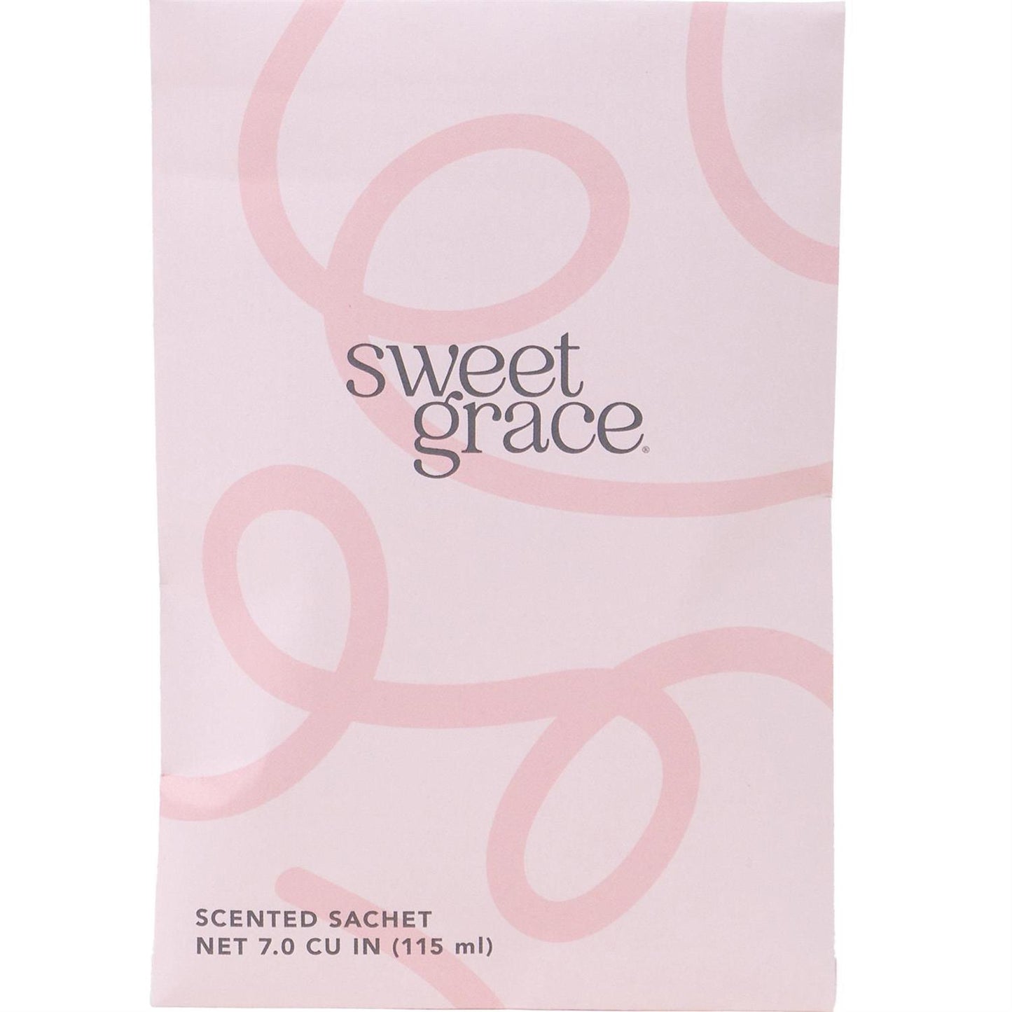 Sweet Grace Sachet in pink with light pink loops, labeled "SCENTED SACHET NET 7.0 CU IN (115 ml)". Size: 7.0 cu in (115 ml).