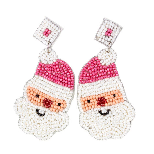 Santa Beaded Earrings in Pink & White