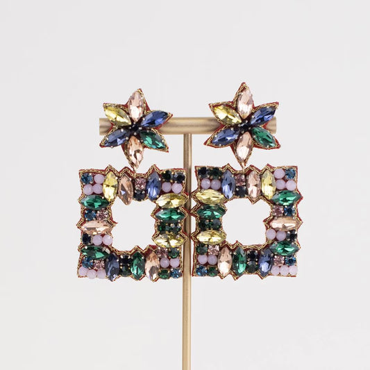 Colorful Plaza Beaded Earrings with star tops, open square centers, green, pink, blue, yellow & purple stones. Sizes: S/M/L.