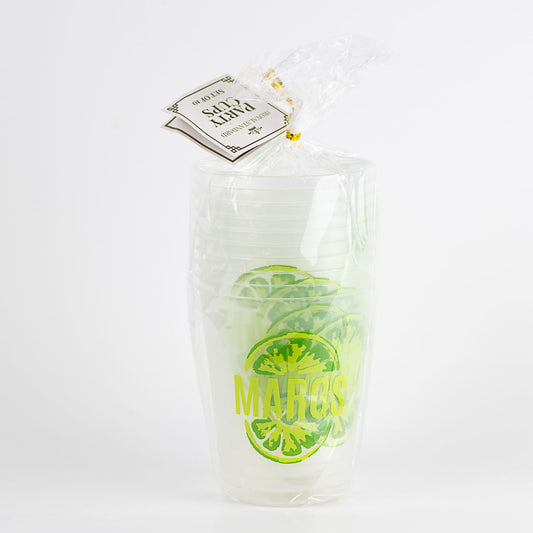 Set of 10 clear plastic cups with green lime slice and "MARQS" yellow print. Available in standard party cup size.