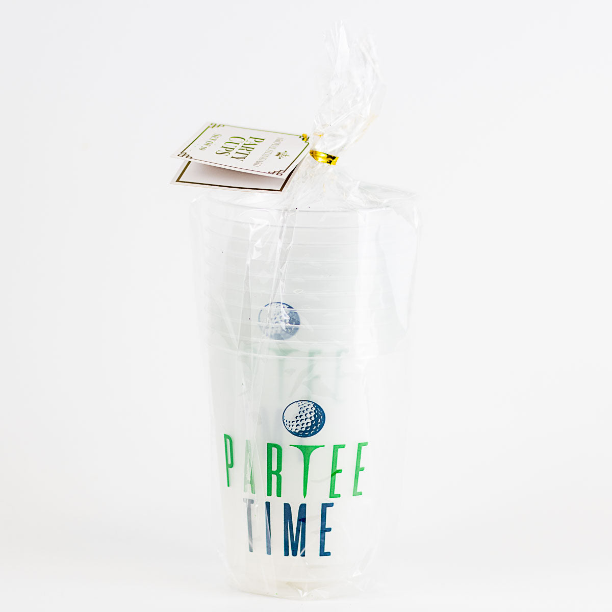 Set of 10 Partee Time Party Cups, wrapped in plastic, feature a golf ball graphic and tag. Sizes available: standard cup size.