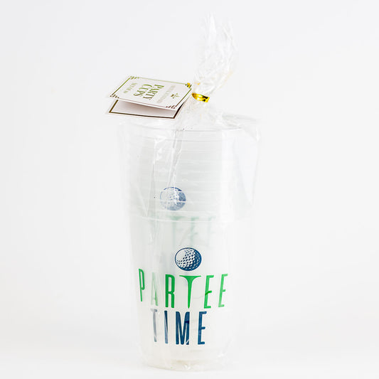 Set of 10 Partee Time Party Cups, wrapped in plastic, feature a golf ball graphic and tag. Sizes available: standard cup size.