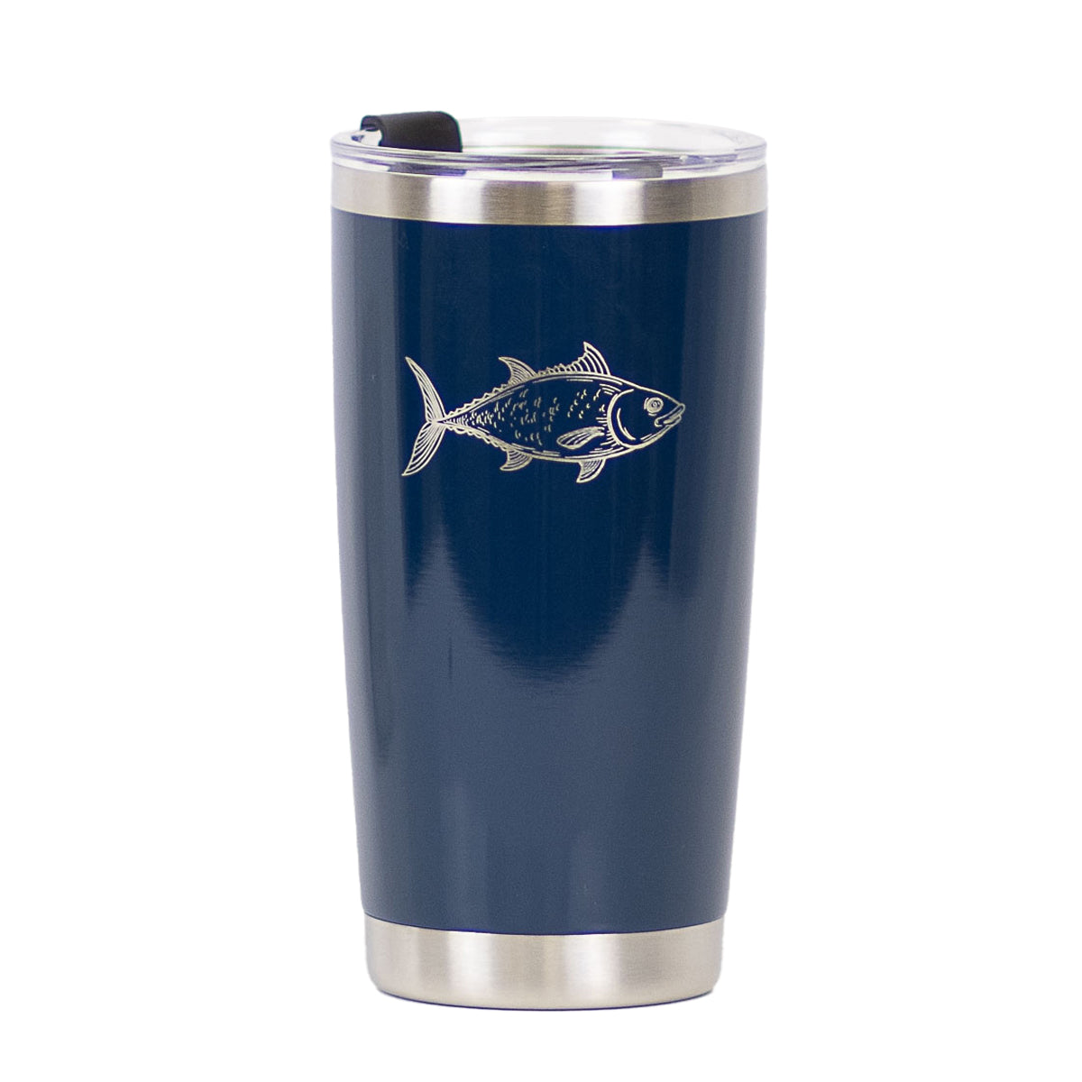 Navy blue insulated tumbler with clear lid and silver fish design. Available in 12oz, 16oz, and 20oz sizes.