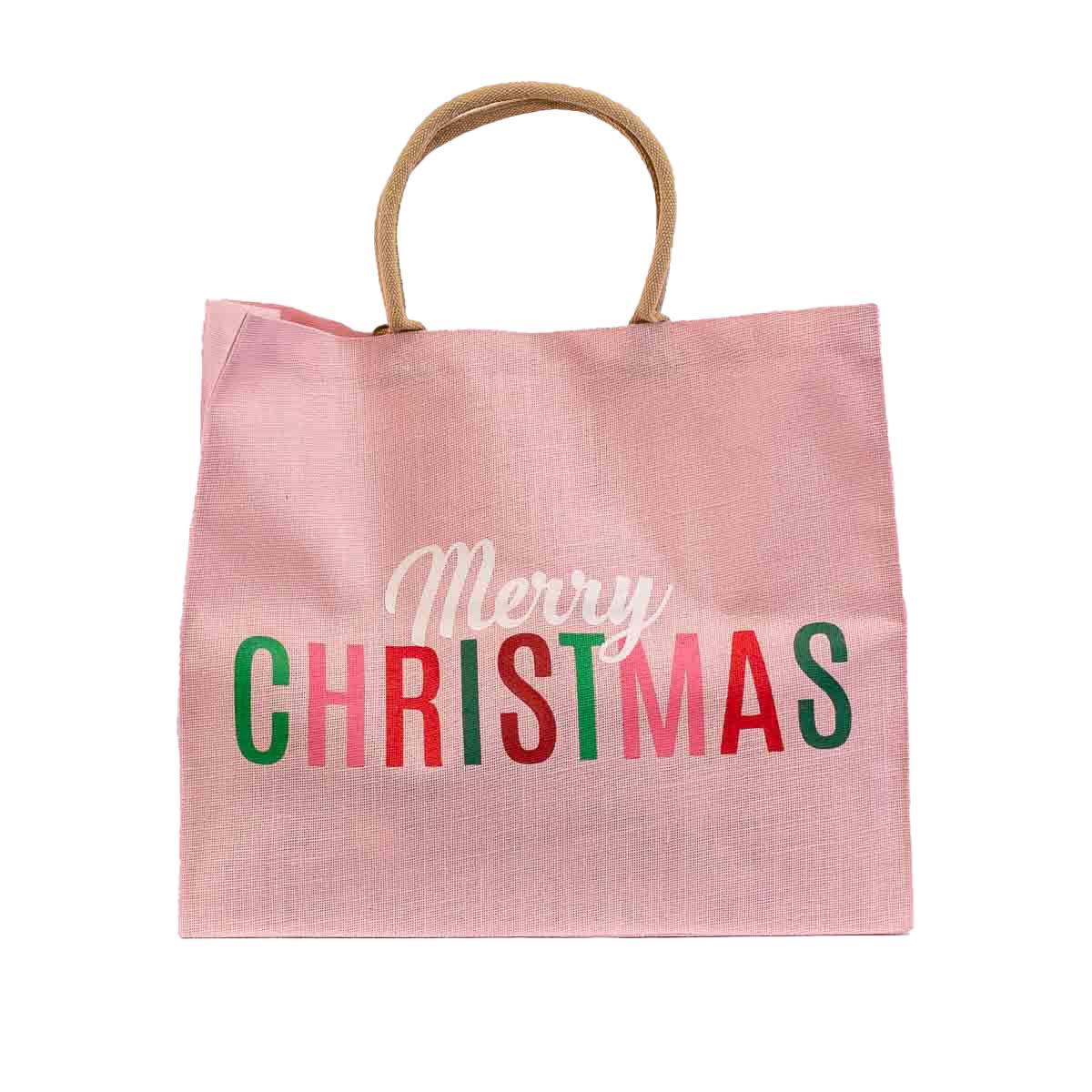 **Merry Christmas Candy Carryall Tote**
- **Description:** Durable pink jute bag with "Merry Christmas" in white, red, and green.
- **Features:** Two sturdy brown handles for easy carrying.
- **Sizes Available:** One size.