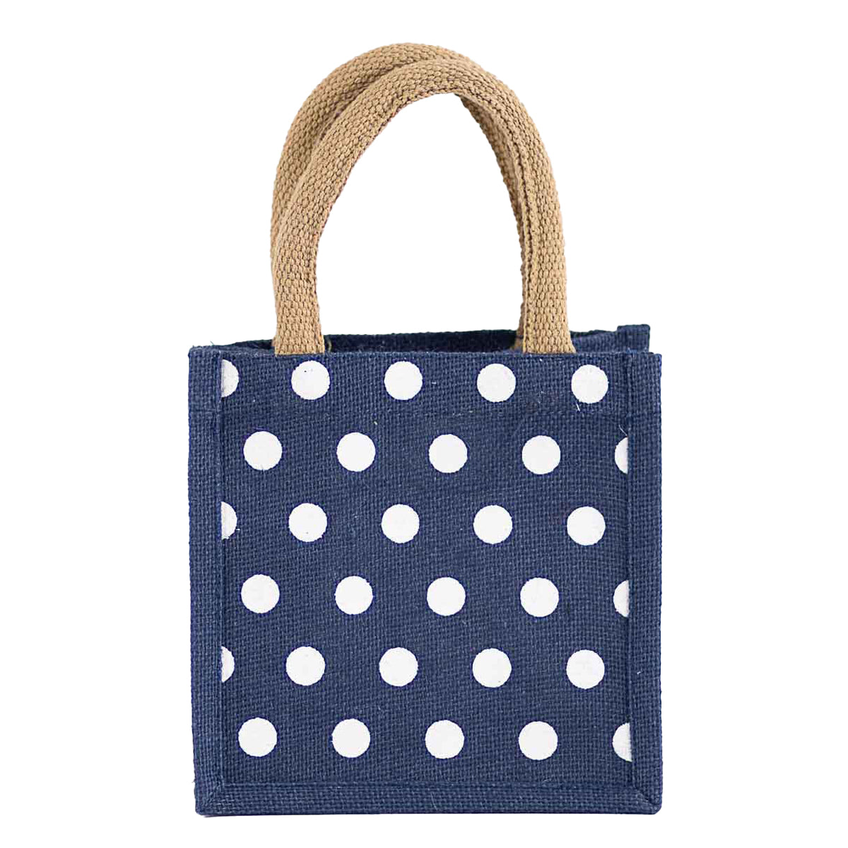 Navy blue jute gift tote with white polka dots, tan rope handles. Available in petite size.
