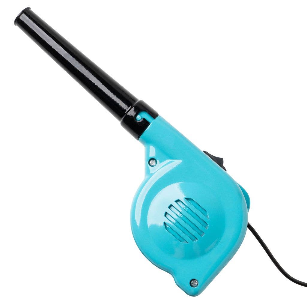 Blue and black handheld USB desktop blower with long nozzle and power cord; available in small, medium, and large sizes.