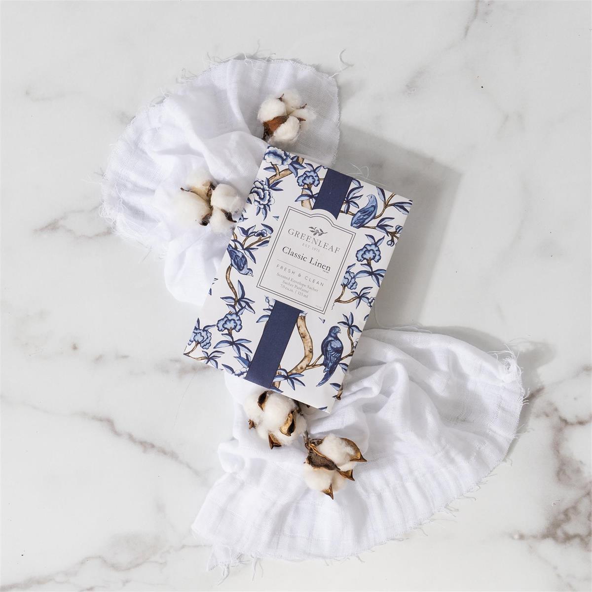 Classic Linen Sachet box with blue and white floral bird design; available in multiple sizes for long-lasting freshness.