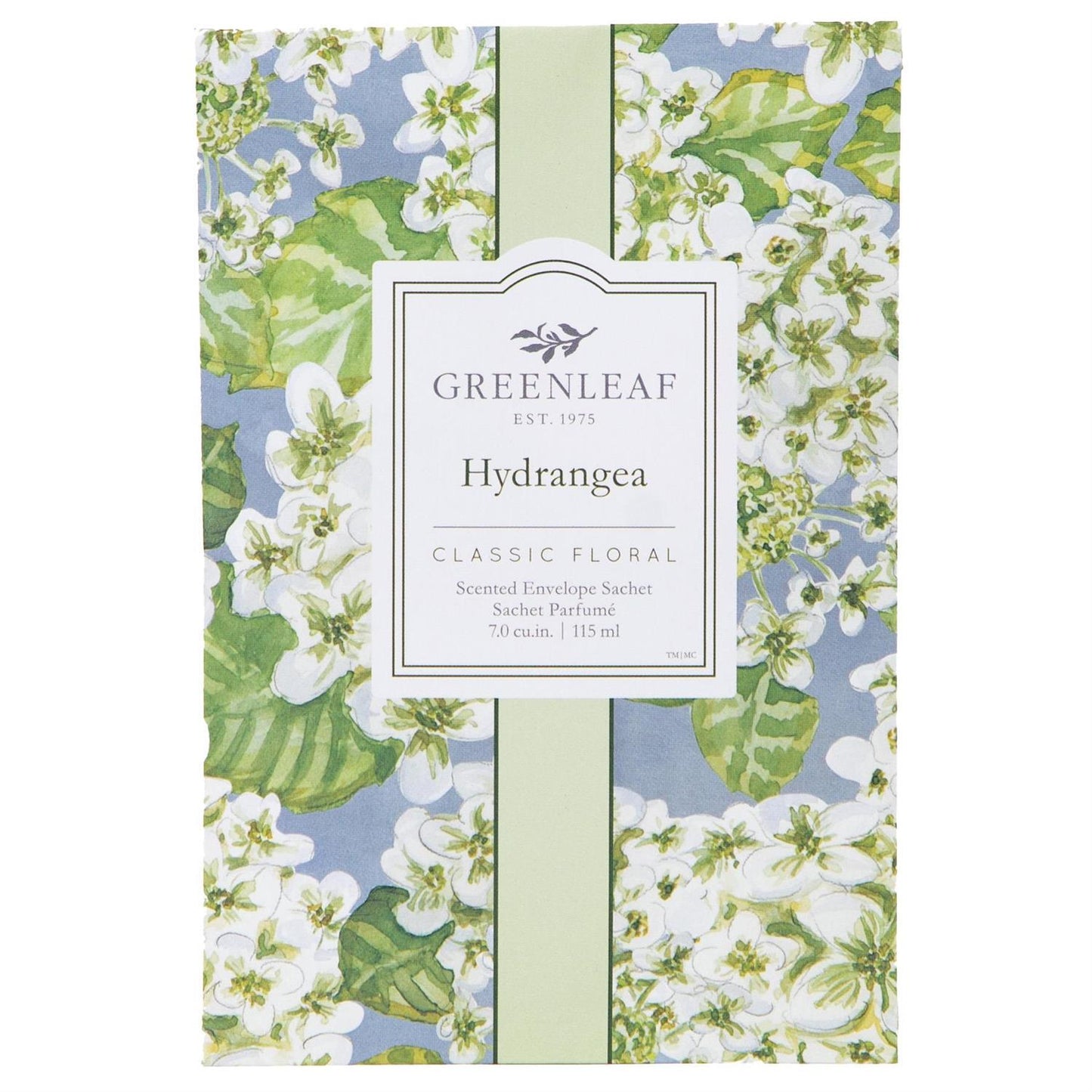 Hydrangea Sachet with white and green floral design on blue, central label, Greenleaf fragrance. Available in standard size.