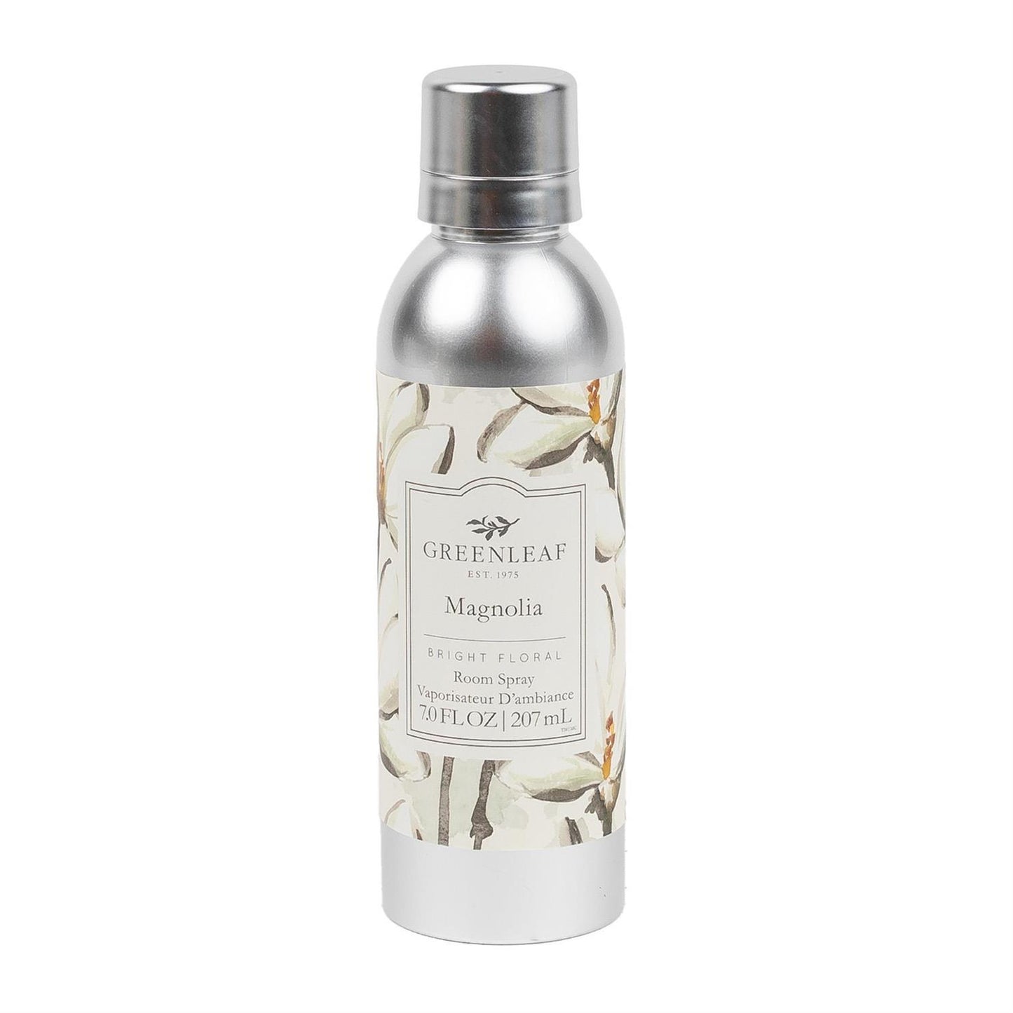 Magnolia Room Spray in silver 7 oz (207 mL) can with magnolia floral design; offers a bright, refreshing scent.