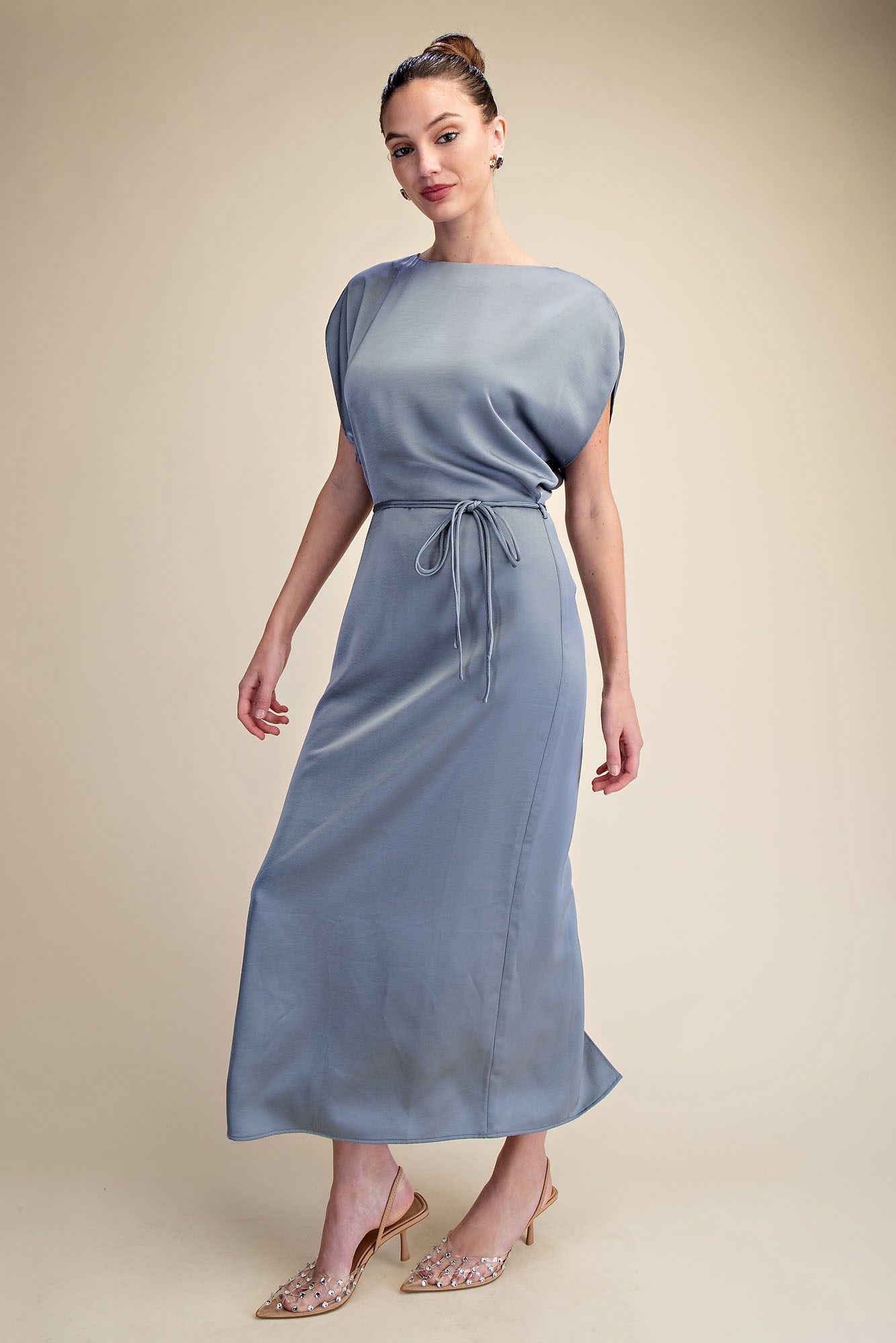 slate blue satin dress Tie-Waist Midi Small Be ready to stun shell-we Pan Seared Steak with Color:Blushing_Pink