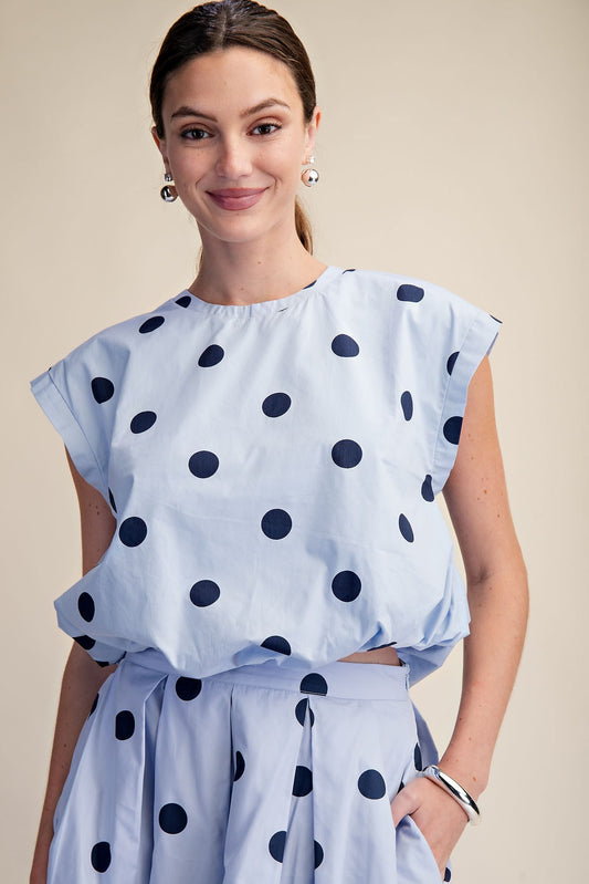 Blue Polka Dot Bubble Top with matching skirt, available in sizes XS–XL. Features pockets and relaxed fit.