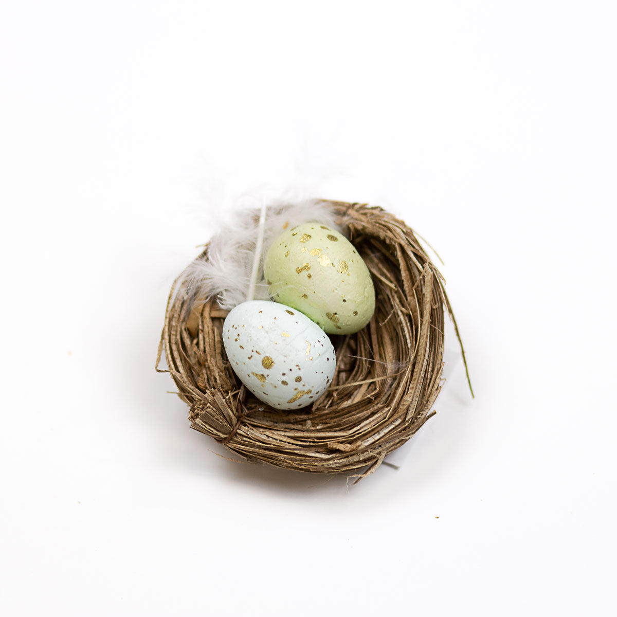Small twig nest with one pale blue speckled egg, one pale green speckled egg, and a white feather. Sizes: S, M, L.