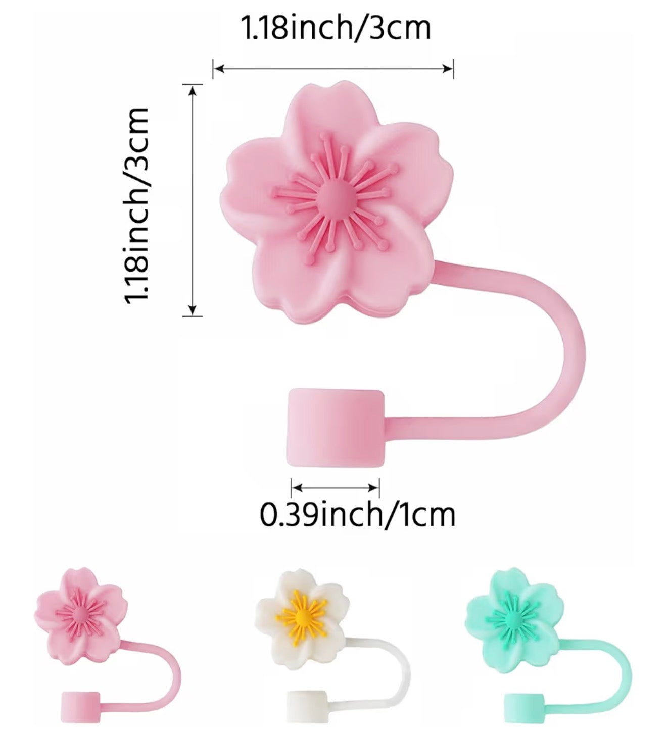 Set of four silicone flower straw holders in pink, white, yellow, mint; fit 10mm straws; 1.18"x1.18" flower, 0.39" cap.