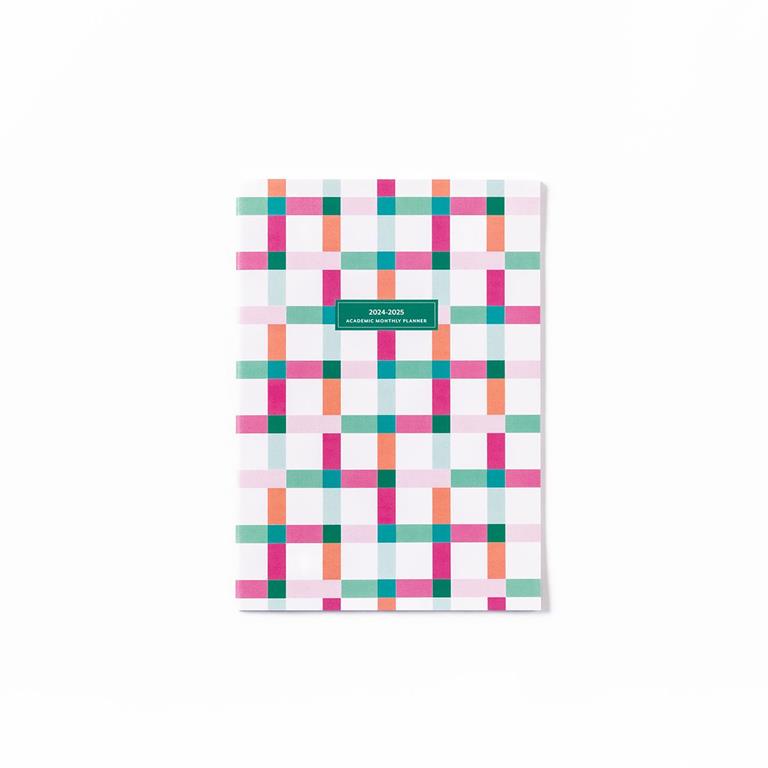 Medium academic monthly planner and checkmate pattern it's for the 2024 to 2025 year with a variety multi colors pink green white light pink
