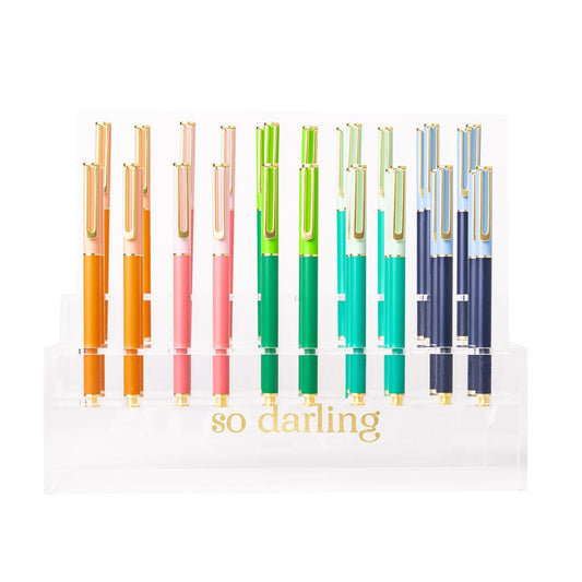 Are these are pens by the company so Darling a variety of colors orange pink green aqua and blue their caps are alternating colors in a lighter shade with gold clip