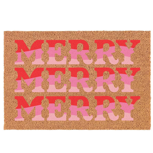 **Festive Holiday Door Mat**: Features "MERRY" in bold red and pink letters on a natural brown coir background. Available size: 18" x 30".