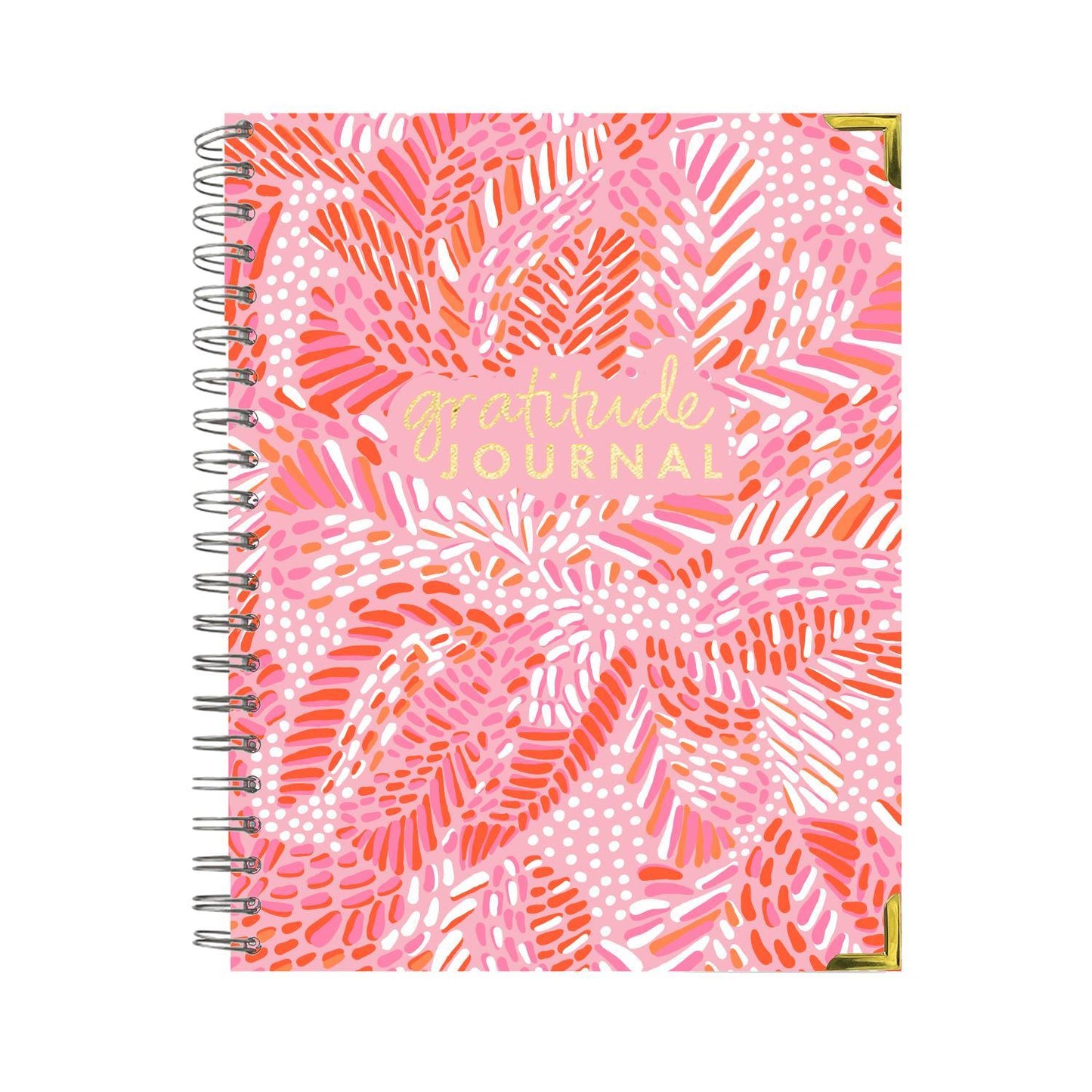 Spiral-bound Gratitude Journal, pink/red/white abstract leaf cover, gold text. Available in A5 and A6 sizes.