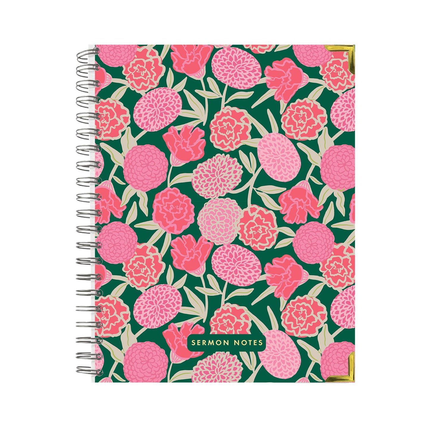 Spiral-bound Sermon Notes Journal with pink and green floral cover, gold corners, "Sermon Notes" label. Sizes: 6x8, 8.5x11 in.