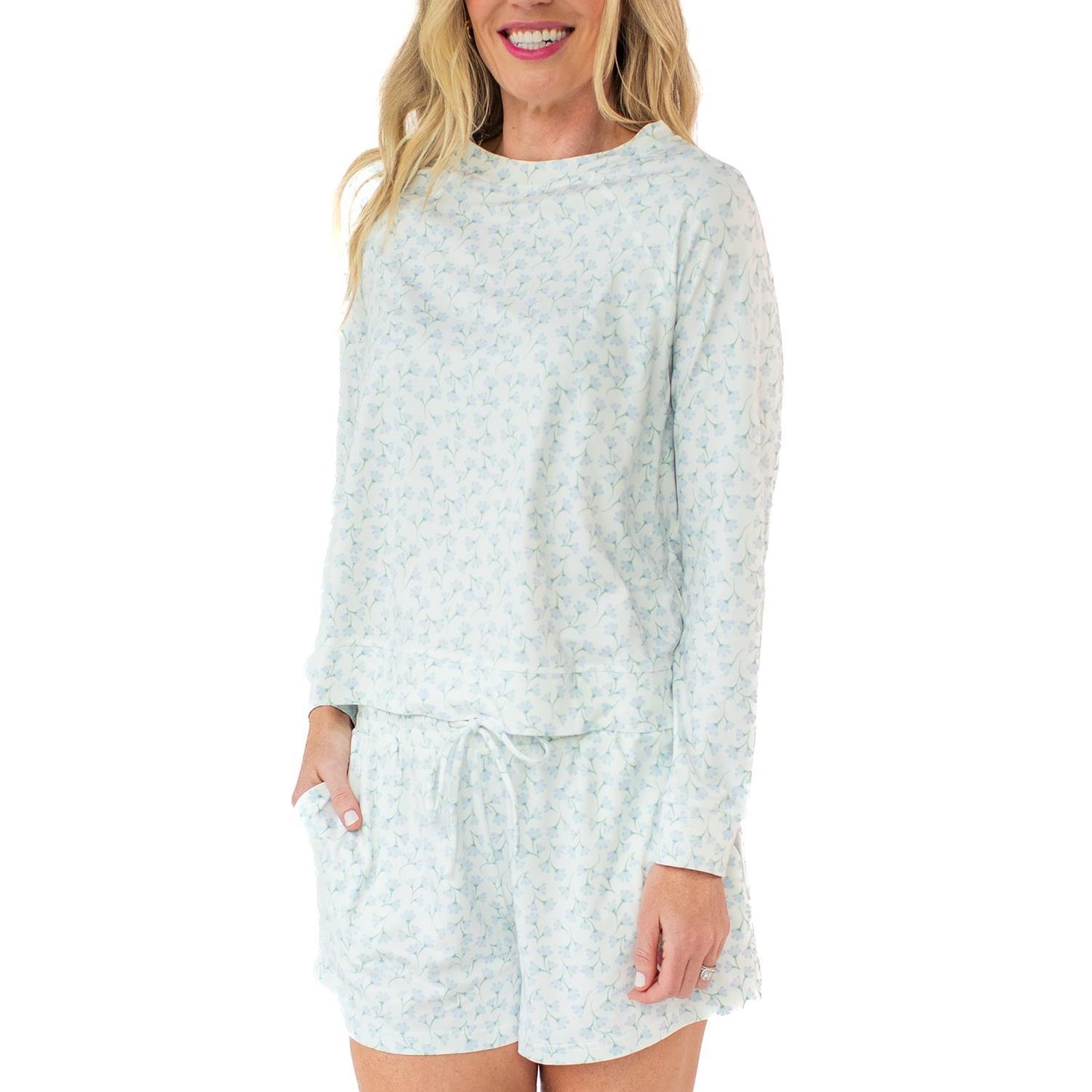 Annie Shorts Set in light blue with a subtle floral pattern, ButterSoft fabric. Available in sizes XS to XL.