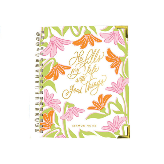 Spiral-bound faith journal, floral pink/orange/green cover, gold script. Sizes: 6"x8", 8.5"x11".
