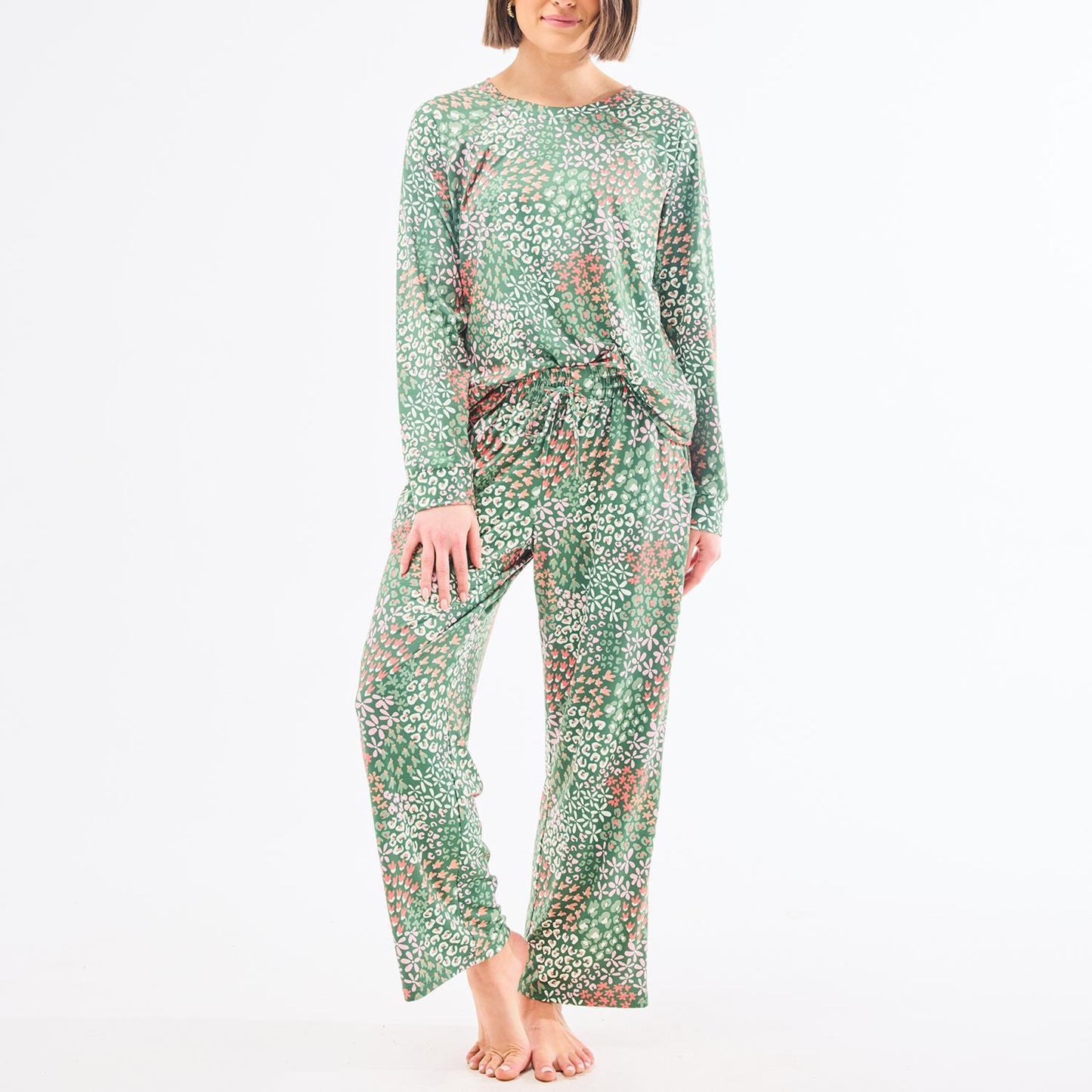Annie Open Meadows Green Set: cotton lounge set, long sleeves, abstract white/brown spots. Sizes XS-XL.