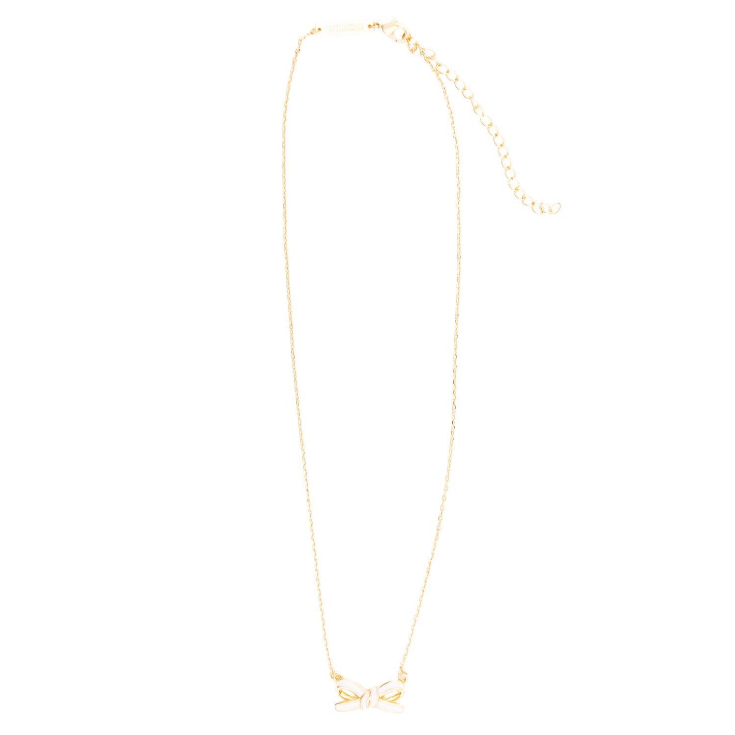 The Luxe White Bow Necklace features an 18k gold-plated bow with a delicate pendant charm, a thin chain, and an adjustable clasp with extender links. Available in adjustable sizes for the perfect fit.